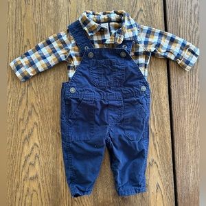 Carter's Overalls and Long Sleeve Button Up Plaid Shirt for Baby Boy Size 3 Mo